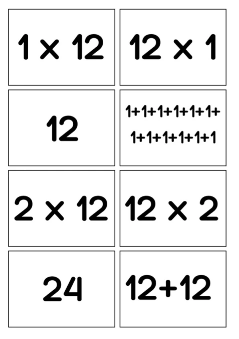 Multiplication 12 (Spoons/Go Fish/Memory) Black & White
