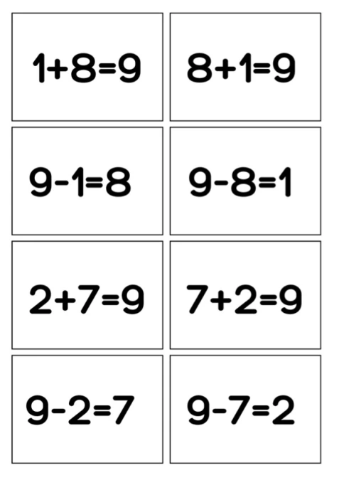Fact Families 9 (Spoons/Go Fish/Memory) Black & White