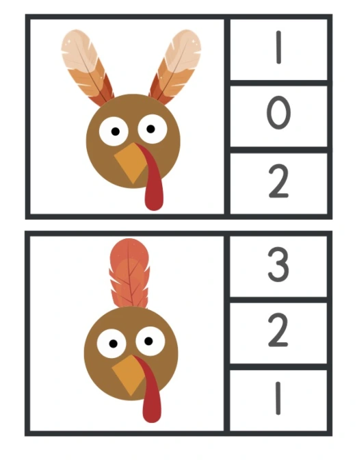 Turkey Clip Cards 0 - 10